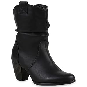 stiefelparadies Damen Stiefeletten Cowboy Boots Holzoptikabsatz Stiefel Schlupfstiefel Wildleder-Optik Schuhe 123461 Schwarz Cabanas 37 Flandell