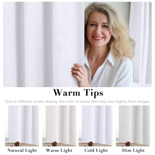 Image of H.VERSAILTEX Linen Curtains 100% Blackout Curtains for Bedroom 102 inch Long Full Light Blocking Nature Linen Blended Window Curtains for Living Room Nickel Grommet (2 Panels, Bright White)