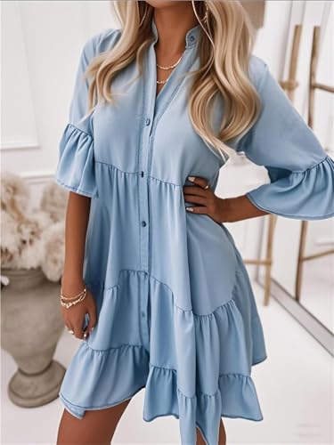 Alltoright Women's V-Neck Ruffle Summer Dress Lightweight Denim Look Washed Cotton Half Sleeve Casual Style2