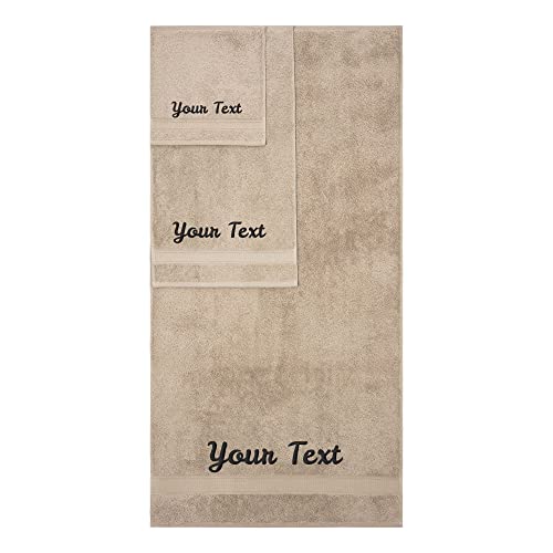 Personalized Towels, Hotel & Spa Quality, Super Soft, Highly Absorbent, Bathroom Sets, 100% Cotton Monogrammed Towels 3 Piece Towel Set, Includes 1 Bath Towels, 1 Hand Towels, 1 Washcloths, Beige #TOP3