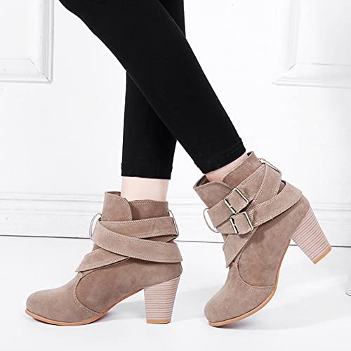 Women's Chunky High Heel Ankle Booties Sexy Round Toe Buckle Strap High Heels Mid Calf Boots Winter Shoes (Khaki,7) #TOP2