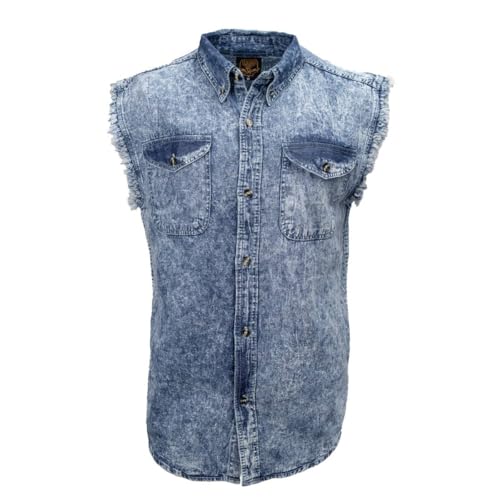 Milwaukee Leather MDM11684 Men’s Classic Light Blue Button-Down Cut Off Frayed Sleeveless Casual Shirt