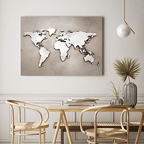 Quadri L&C ITALIA Tableau globe vintage blanc 2 - Planisphère murale 100 x 70 cm Impression sur toile avec carte du monde vintage pour salon, cuisine, bureau,...