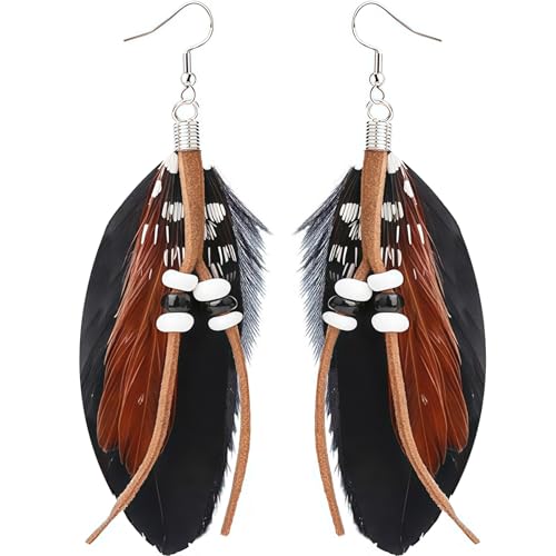Boucles d'oreilles pendantes en plumes pour femme - Accessoires bohème indiens - Bijoux de costume - Boucles d'oreilles longues plumes avec perles pour carnaval et...