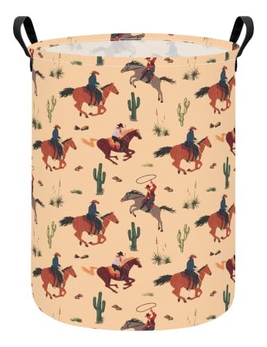 Image of Round Laundry Basket Collapsible Storage Organizer Cactus Cowboy | Waterproof Canvas Foldable Baskets with sturdy Handles Multi-scene Organizer for Home Play Bedroom Gift Bin