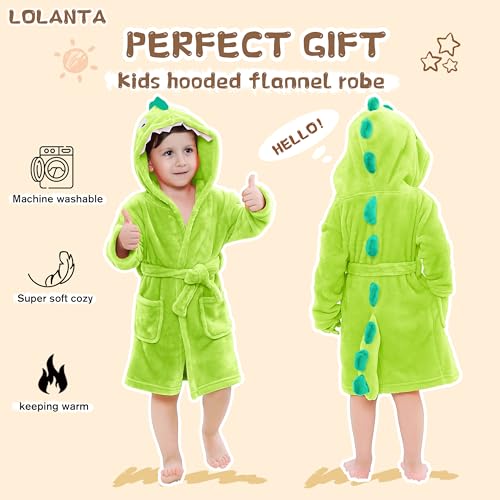 LOLANTA Kinder Fleece Bademantel Dinosaurier Plüsch Kapuzenbademantel, Grüner Dinosaurier, M (3-5 Jahre)