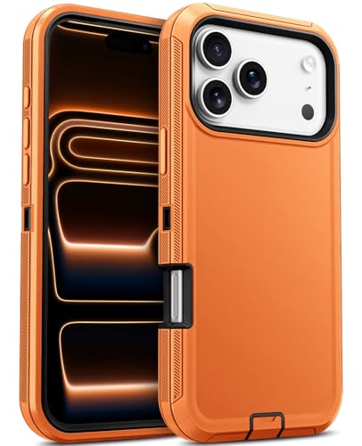 Orange and black dual-layer iPhone 17 Pro case with textured sides — the side stripes are what stop a sweaty hand losing grip