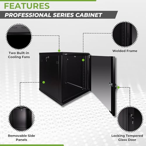 Image of NavePoint 12U Server Rack Enclosure - 23.6 inch Deep, Wall Mount Network Cabinet with Locking Glass Door for 19 inch IT Equipment, Network Rack with 2 Fans, Removable Side Panels, Black