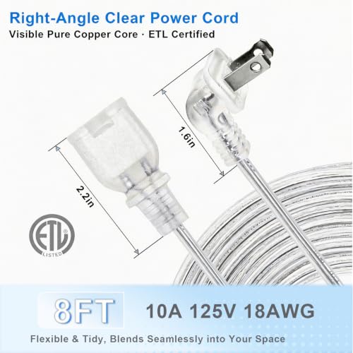 Gutedeal 8FT Clear Extension Cord – 2 Prong Thin Flat Plug with Right Angle, Slim Indoor 125V 10A 18AWG Lightweight Flexible Wire for Home Office, Bedroom, Christmas Lights, Lamps & Holiday Lighting