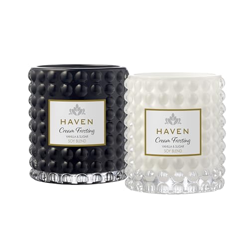 Haven Vanilla & Sugar Scented Candle in Glass Jar – Smooth-Burning Soy Wax Blend and Long-Lasting Aromatherapy Candle with Relaxing Sweet Scent for Office and Home Decor – Ideal Gift Option