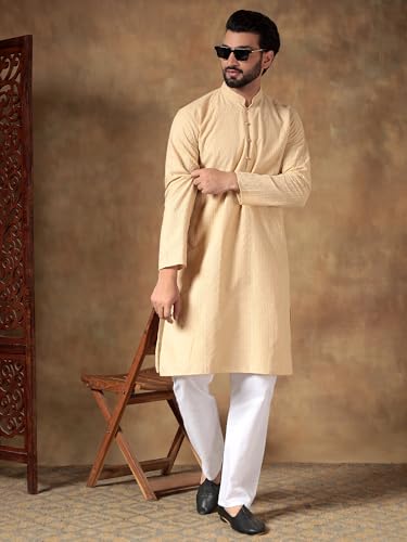 Image of Men's Solid Regular Fit Ethnic Wear White Kurta Pajama Set with Front Pocket