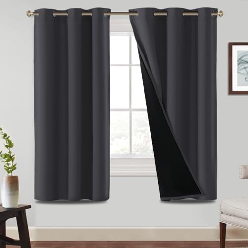 BellaHills 100% Blackout Curtains Eyelet Thermal Insulated Curtains for Living Room Heat and Full Light Blocking Window Treatments with Black Liner 2 Panels, 46 x 72 Inch, Charcoal Grey