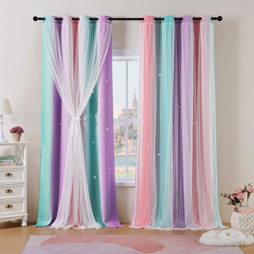 Best Baisite Gardinen Kinderzimmer 2er Set Verdunklungsvorhänge H 175 X B 132cm Doppellagige Vorhänge mit Hohlen Sternen Kinder Mädchen Baby Ösenschal Ösenvorhange Dekoration