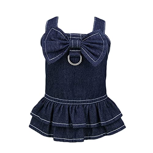 Gyuzh Dog Dresses For Small Dogs Girl Clothes Dog Denim Dress Puppy Skirts Summer Bowknot Denim Dog Dress With Harness Hole For Small Medium Dogs Girl #TOP11