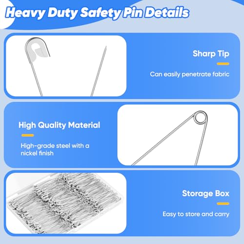 Image of Huhuhero 200Pcs Safety Pins for Clothes, 2.2 inches Large Heavy Duty Safety Pins, Rust-Resistant Nickel Plated Steel Big Pin for Sewing Clothing, Art & Craft Supplies