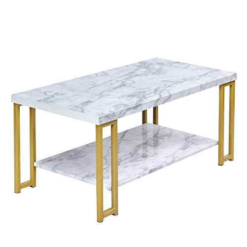Nafort 2-Tier White Marble Coffee Table, Rectangular Faux Marble Coffee Table With Storage Shelf, Sturdy Gold-Finished Metal Frame, Modern Design, Cocktail Table For Living Room And Bedroom #TOP7