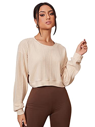 Shein Women's Casual Long Sleeve Round Neck Sweatshirt Rib Knit Solid Crop Tops Beige Small #TOP20