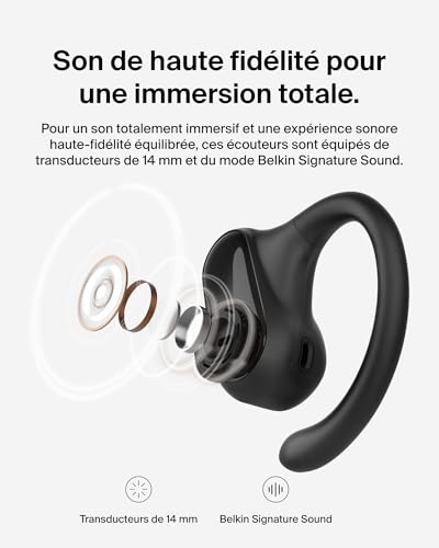Belkin SoundForm ClearFit Écouteurs Oreilles Libres sans Fil (écouteurs légers et Confortables, Indice d'étanchéité IPX5, écouteurs Bluetooth sans Fil pour randonnée, vélo, Course à Pied, etc) - Noir