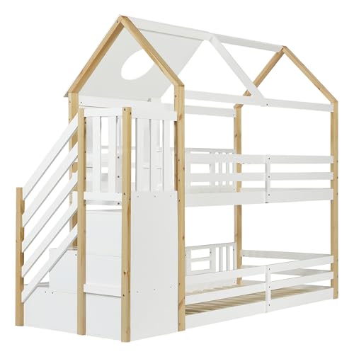 Dolamaní Litera para 2 niños, 90 x 200 cm, con techo y ventanas preciosas, cama de casa con espacio de almacenamiento de seguridad, protección contra caídas, cama de madera de pino (blanco y natural B - imagen 9