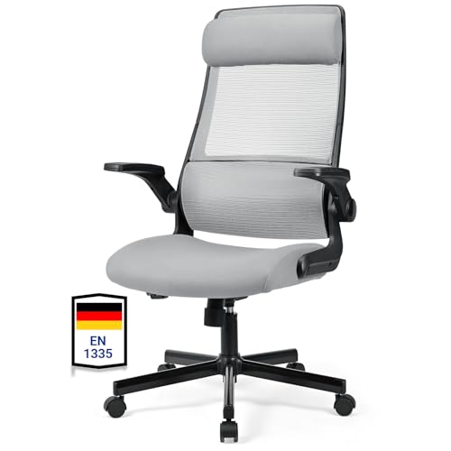 MELOKEA Bürostuhl Ergonomisch, Schreibtischstuhl aus Mesh mit Klappbare Armlehnen, Computer Drehstuhl mit Verstellbare Kopfstütze und Lendenwirbelstütze, Wippfunktion, Entspricht EN 1335 - Dunkelgrau