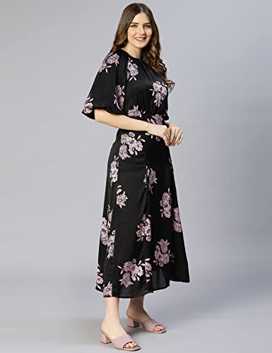Image of oxolloxo Women Polyester Flared Puff Sleeves Floral Casual Dress