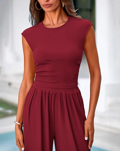 PRETTYGARDEN Women's Summer 2 Piece Outfits 2026 Cap Sleeve Ruched Slim T Shirt Ribbed Knit Wide Leg Pant Sets Tracksuit(Wine Red,Medium) — view 4