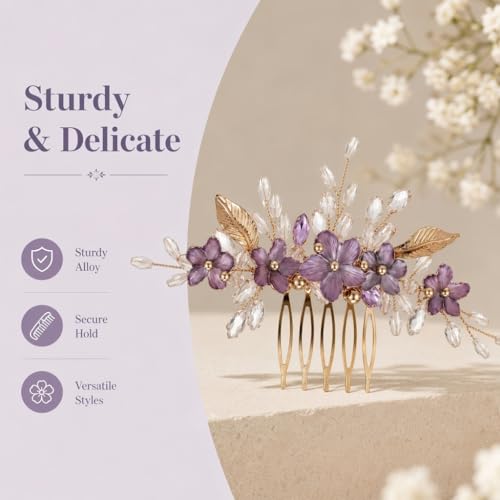 Peine floral para cabello de mujer púrpura con cristales miniatura 4