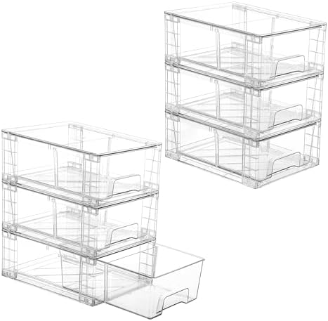 Vtopmart 6-Pack Stackable Storage Drawers, Clear Acrylic Organizer with Handles, Easily Assemble for Fridge, Bathroom, Kitchen, Undersink, Cabinet, Pantry Organization