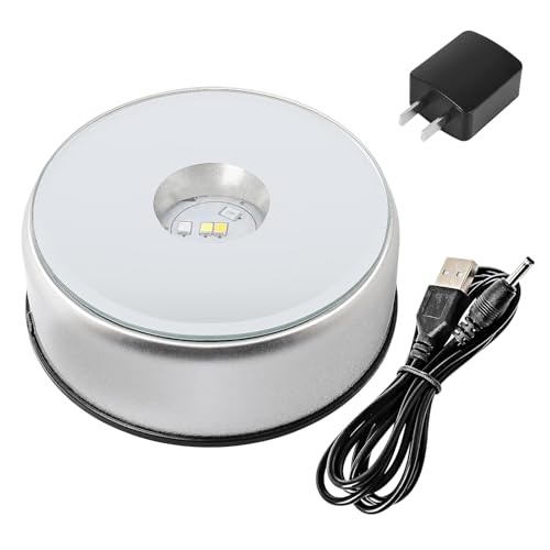 Trintion Display Stand Base 7 LED Turntable Display Stand 360° Rotating Crystal Display Base Stand with USB Cable Colorful lights Round Glass Decoration for Tumbler Collections Figurine Jewelry 3inch