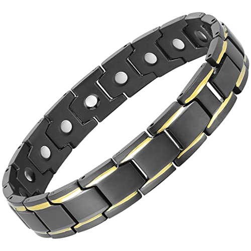 PUJANE Magnetic Bracelets for Men Women 316L Stainless Steel Ultra Strength Magnets Power Balance Energy Stones Bracelet Jewelry Gift with Adjustment Tool (Black&Gold)