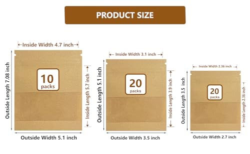 PABCK 50 peças, 3 tamanhos, janela transparente, papel kraft, saco resselável, pacotes de sementes,