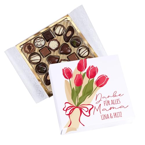 Herz & Heim Pralinen Muttertag Mama Geschenk 100g Schokolade in personalisierter Geschenkbox Pralinenschachtel Muttertagsgeschenk Motivauswahl (Tulpen)