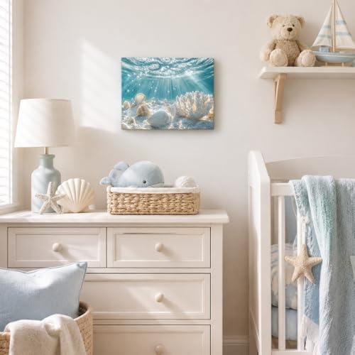 libitea Framed Coastal Canvas Wall Art - Coastal Ocean Relaxation Wall Decor Underwater Sunbeam Seashell Poster Printing Artwork for Bathroom Bedroom Living Room — view 3