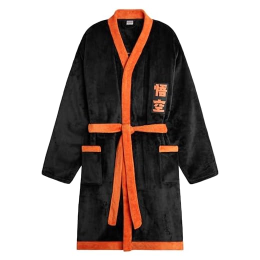 Dragon Ball Z Bata Invierno Hombre con Bolsillos y Cinturón, Bata de Estar por Casa (Negro/Naranja, L)