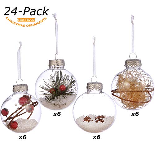 Sea Team 70Mm/2.76" Shatterproof Clear Plastic Christmas Ball Ornaments Craft Xmas Balls Baubles Set Filled With Artificial Snow Berry Rattan For Winter Theme Tree Decorations, Set Of 24 #TOP1