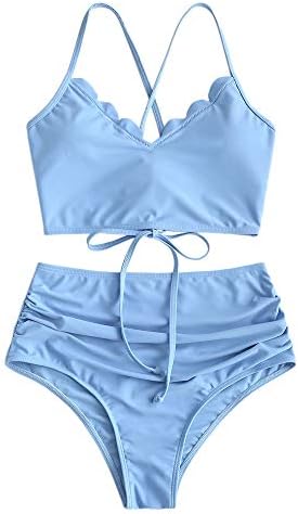ZAFUL Women's Scalloped Crisscross Ruched High Waisted Bikini Set Two Piece Swimsuit Tankini Large Light Blue