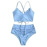 ZAFUL Women's Scalloped Crisscross Ruched High Waisted Bikini Set Two Piece Swimsuit Tankini Large L