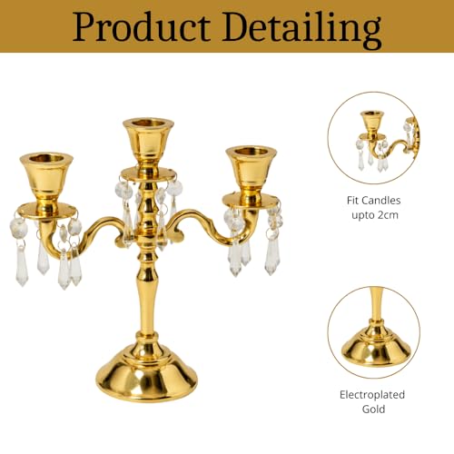 Image of Aluminum 3-Arm 8inch Gold Crystal Hanging Candelabra for Dining Table | Vintage Candle Stand for Romantic Dinner, Home & Wedding Decor