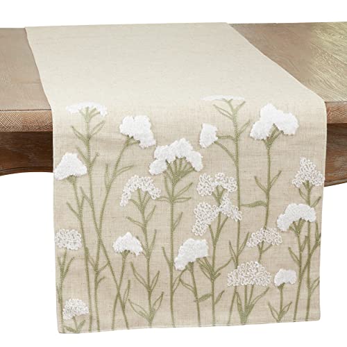 SARO LIFESTYLE Lush Design Embroidered Flowers Table Runner, 16"x70", Natural