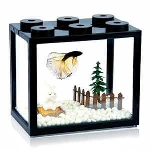 Small Betta Fish Tank, Stackable Mini Aquarium Tank Kit with Aquarium Gravel & Forest Micro Landscape, 0.6 Gallon Acrylic Cube Fish Bowl for Sea Monkeys Shrimp Snails (Black)