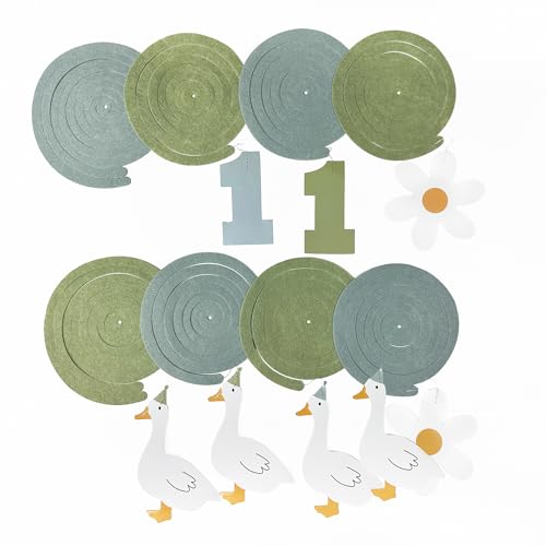 Image of 24Pcs Sage Green Dusty Blue One Silly Goose Hanging Swirl Decoration Blue Green Daisy Felt Swirl Streamer Spiral Ceiling Garland for Silly Goose Themed First Birthday Happy 1st Birthday Party Supplies