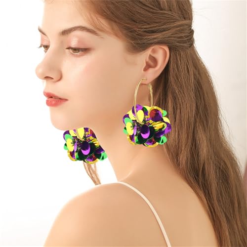 Dreuyet Colorful Mardi Gras Earrings for Women Glitter Carnival Theme Mask Feather Earrings Shiny Big Ball Fireworks Hoop Earrings Charm Fleur De Lis Dangle Earrings Gifts (Round) by Dreuyet - Used condition - Image 2