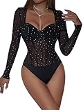 SOLY HUX Women's Mesh Sheer Bodysuit Long Sleeve Sweetheart Neck Rhinestone Sexy Bodysuit Tops Pure Black M