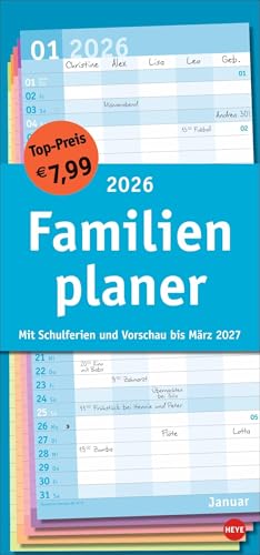 Basic Familienplaner 2026: Praktischer Wandplaner mit 5 Spalten. Familien-Wandkalender mit Schulferien und 3-Monats-Ausblick aufs Folgejahr. Terminkalender 2026.