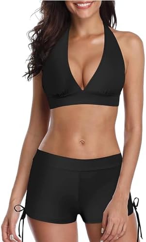 Century Star Women Two Piece Swimsuit Athletic Bathing Suits for Women Ruffled Tummy Control High Waisted Swimsuits Z Black 12-14