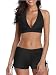 Century Star Push Up Athletic Two Piece Bikini Set Deep V Neck Vintage Halter Back With Boyshort Swimsuit Bathsuit For Women Black XL (US 10-12)