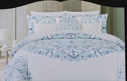 Cynthia Rowley Full/Queen Duvet Cover Set Vintage Ornate Large Medallion Bohemian 3 Piece Blue White Cotton Bedding