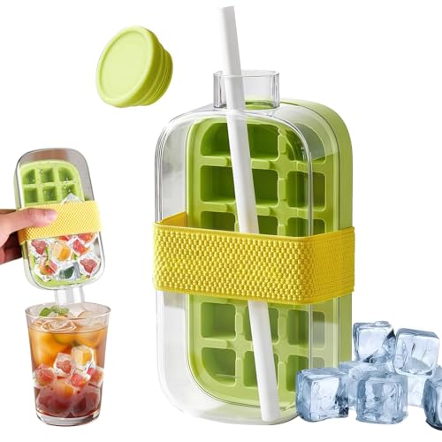 Yamobi Botella de Cubitos de Hielo con Pajita, Botella de Agua 2-en-1, Molde de Hielo con Tapa y Contenedor, Sin Contacto, ideal para Café, Jugo y Bebidas