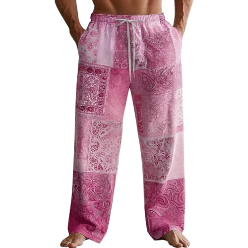 QXQLSH - Pantalones de lino para hombre, bohemios, florales, para verano, playa, transpirables, con piernas anchas, cintura elástica, cordón ajustable, pantalones de yoga, hot pink, S