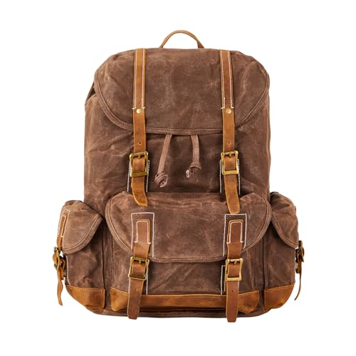 BRASS TACKS Leathercraft Heavy Duty Waxed Canvas Vintage Backpack for Men Women Trim Casual 15.6" Laptop Bookbag Travel Rucksack Shoulder, Brown